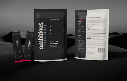 ambitious. Focus + Energy pouch, front and back, with two stick packs